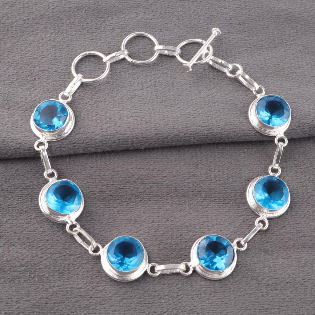 Swiss Blue Topaz Gemstone 925 Sterling Silver Jewelry Women's Gift Bracelet 7-9" RB-13-1