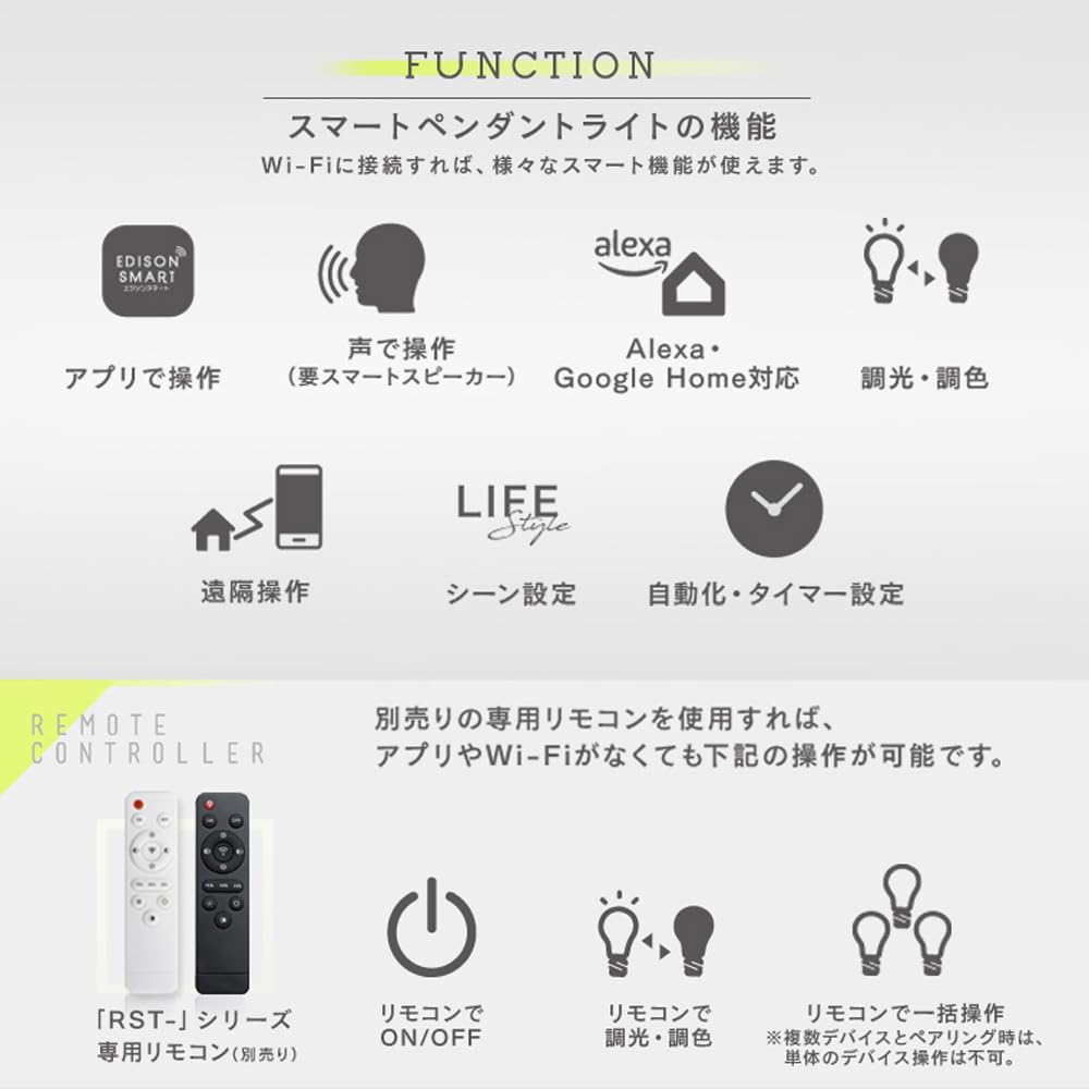 [Amazon Alexa Compatible] Edison Smart Pendant Light (for Ceiling MountsBlack) x 2 Set, Dedicated Remote Control Compatible, Integrated LED,