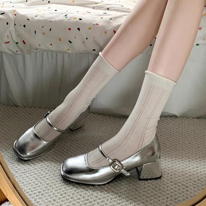 

Мода 2025 Брендовая обувь для женщин Неглубокие женские туфли на высоком каблуке Модный ремешок с пряжкой Новинка Офис и карьера Бестселлер Туфли на высоком каблуке Zapatos 35 серебряный