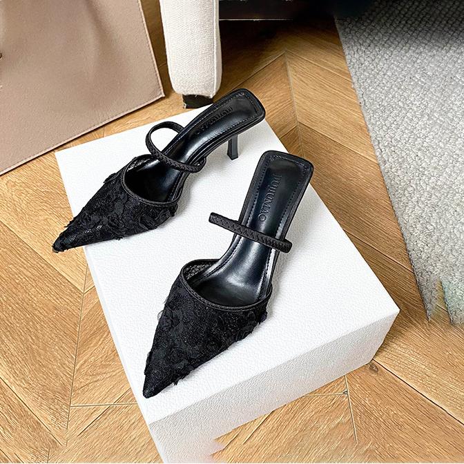 Туфли на тонком каблуке для женщин Fairy 2025, новые французские милые темпераментные светские тапочки с сеткой и цветочным узором, неглубокий носок Baotou Cool Slippers 34 чёрный