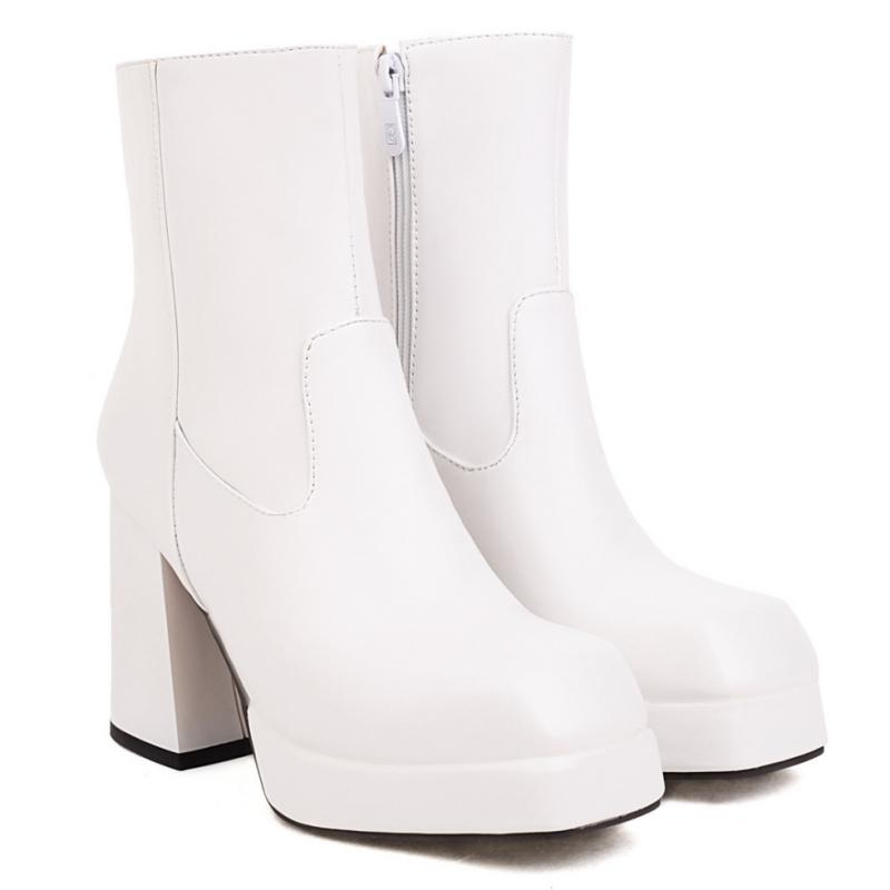Mode 2024 Neue Damen Stiefeletten Plateau Weiß Schwarz Hohe Absätze Kurzer Stiefel Damen Herbst Winter Partyschuhe Damen Große Größe 45
