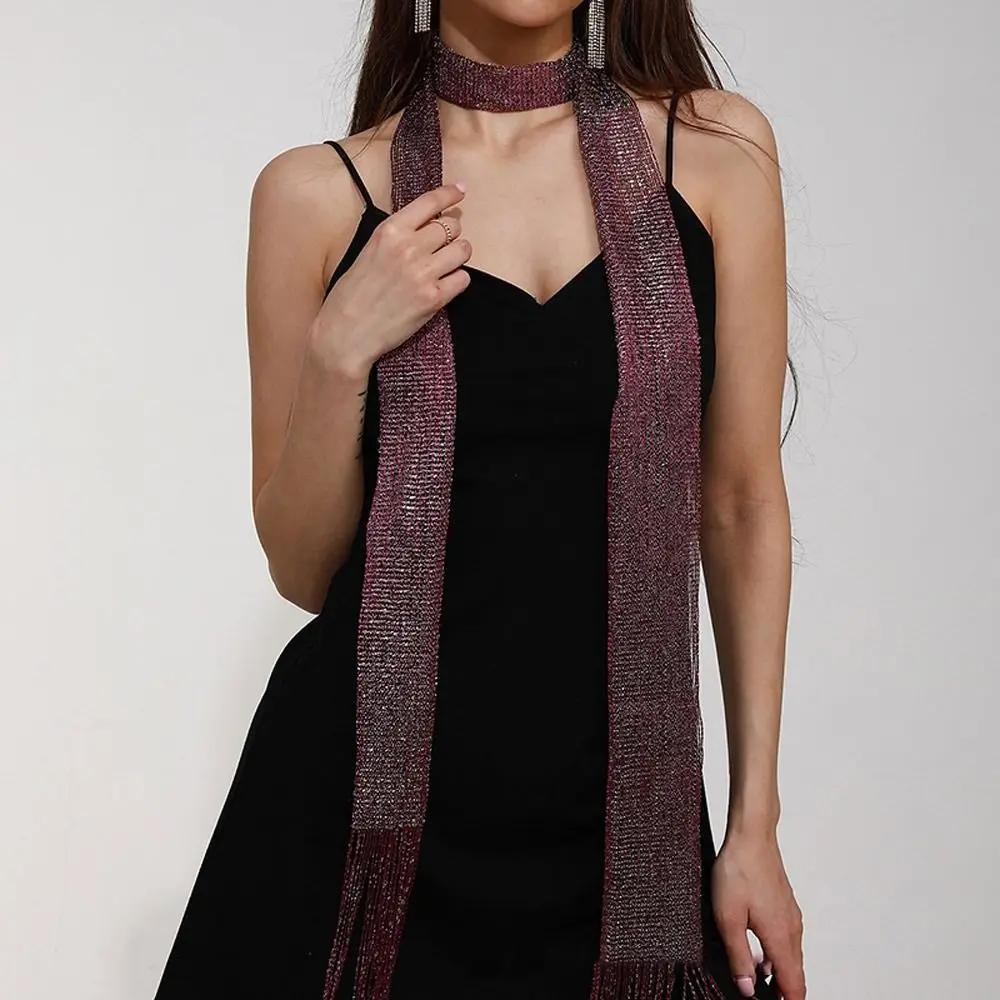 Fashion Lace Tassel Scarf Thin Long Glitter Bright Silk Sunscreen Shawl Shiny Lace Necklace For Women Party Evening Dress Scarf