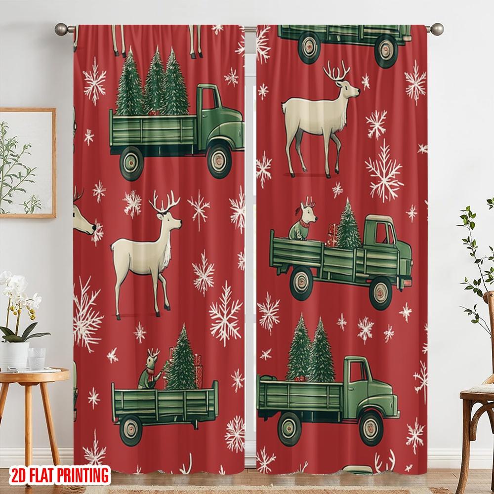 2 szt., druk płaski 2D Minimalistyczne zasłony Ciężarówki świąteczne renifery drzewka (2) Wszechstronny poliester (bez pręta) Wystrój domu