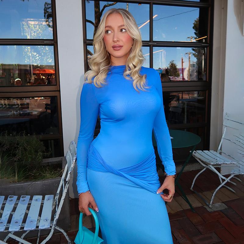 Women's Fall Temperament Long Sleeve Twisted Shrink Pleated Gradient Slim High Waist Long Dress