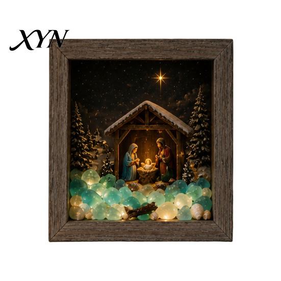 Winter Snow Scene Decoration Christmas Sea Glass Shadow Box Night Light, 3D Wooden Seasonal Shelf Display Art Frame with LED Warm Glow, Landscape