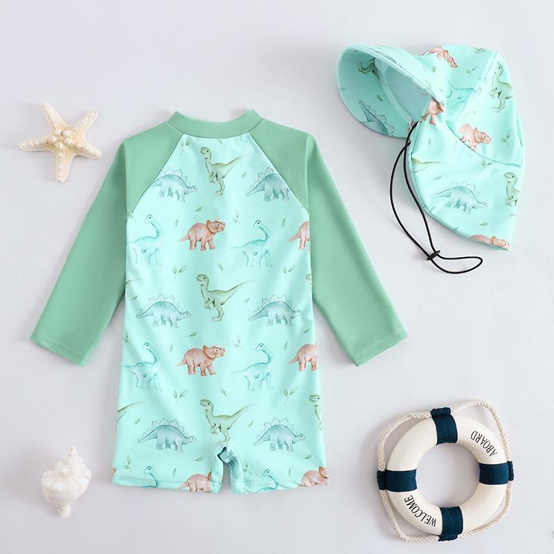 Children's One-piece Swimsuit Boys' Sun Protection Long-sleeved Baby Cartoon Swimsuit Quick-drying Baby Swimsuit Hooded Sun Protection