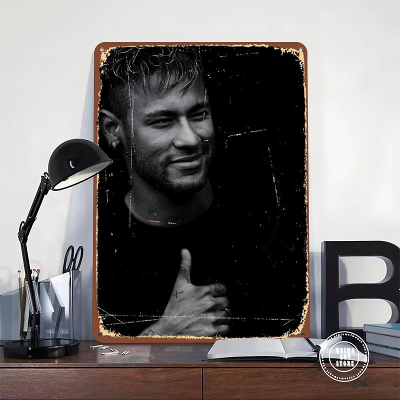 Neymar Black and White Portrait Printed Poster Customized Wall Art Retro Vintage Metal Tin Signs for Home Room Decoration Cozy