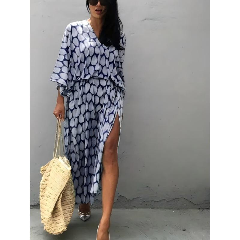 Plus Size Women's Leaf Print Beach Beach Holiday Batsleeve Bikini with A Dress