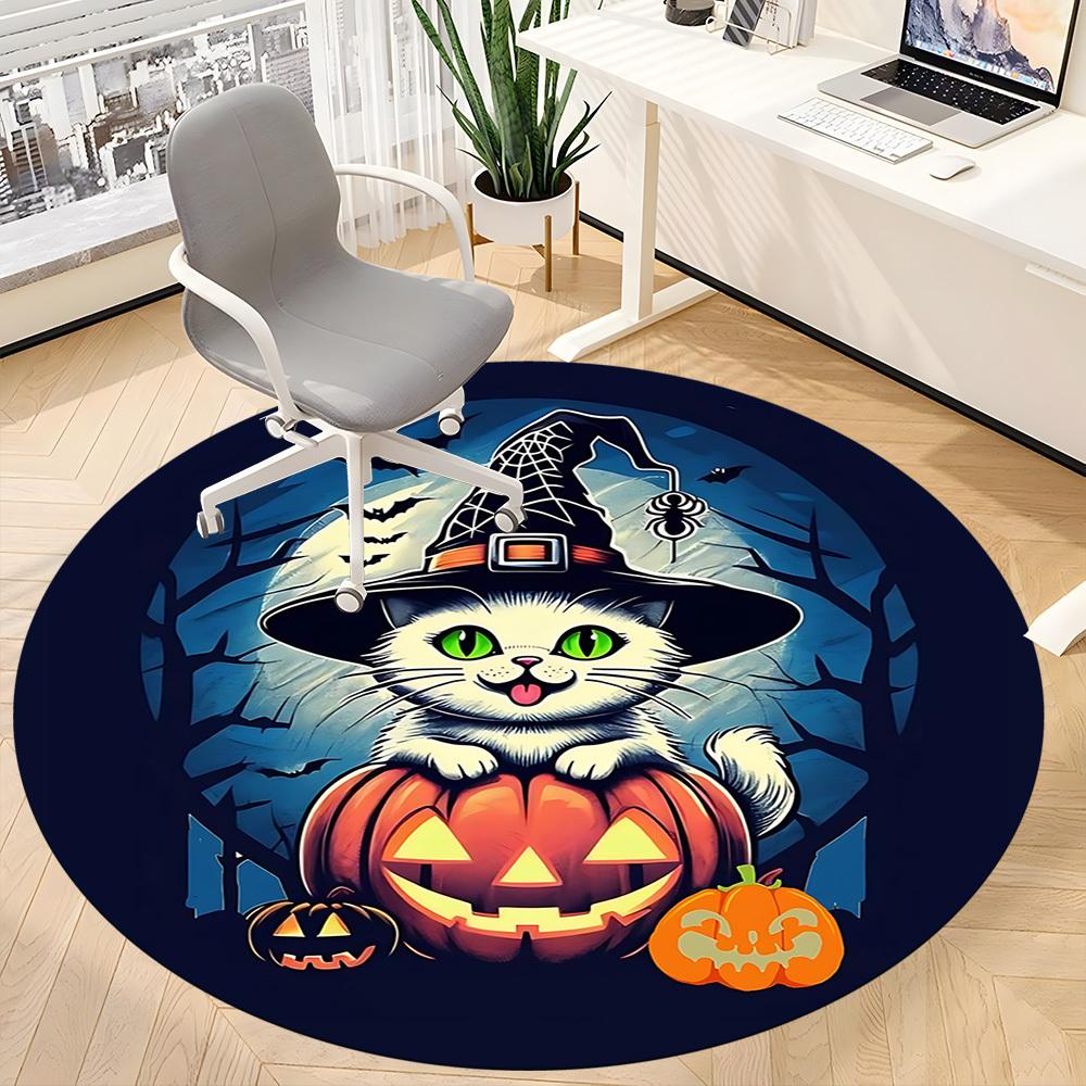 1pc Halloween Cat Office Round Area Rug, Indoor Mat Suitable For Office, Under Office Chairs Bedroom Living Room Home Decor, Room Deco