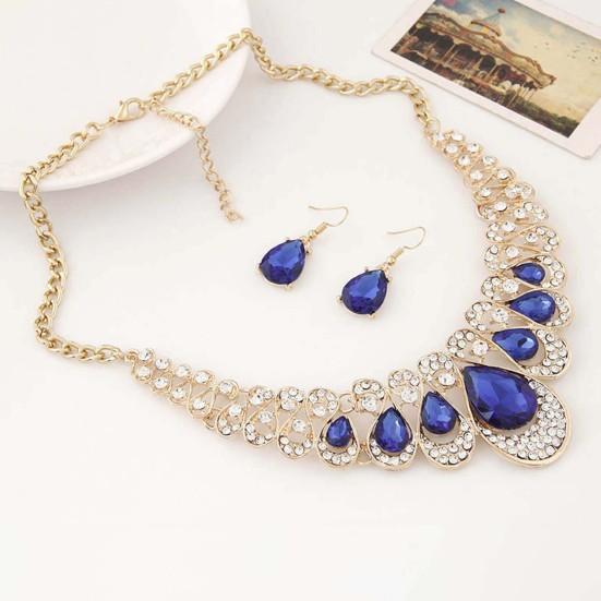 2ks/sada Přehnané náušnice s ušlechtilým náhrdelníkem Vícebarevné náušnice s přívěskem z umělého drahokamu