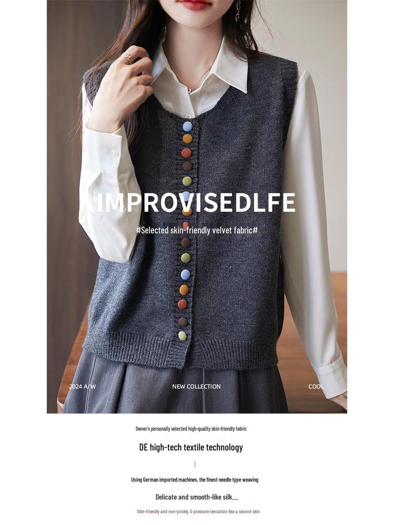 Damen Französische Retro Strickweste: Rundhalsausschnitt, Ärmelloses Tanktop, Herbst-Lagenpullover 2025