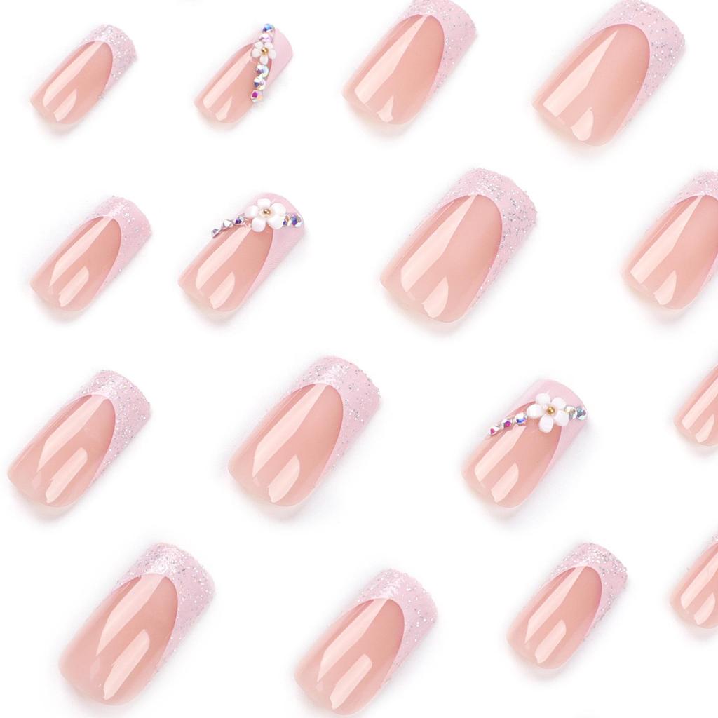French Square Flower Rhinestone Nail Art Tips