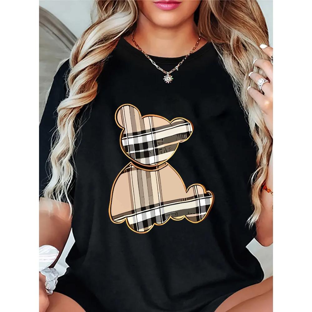 

Women s Sporty Casual Striped Bear Print T-Shirt - Breathable Moisture-Wicking Lightweight Soft Round Neck Short Sleeve Top S