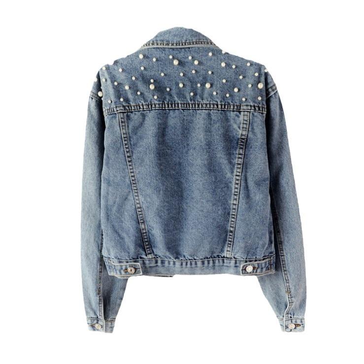 Women's Beaded Pearl Short Denim Jacket - Loose Fit for Spring and Autumn