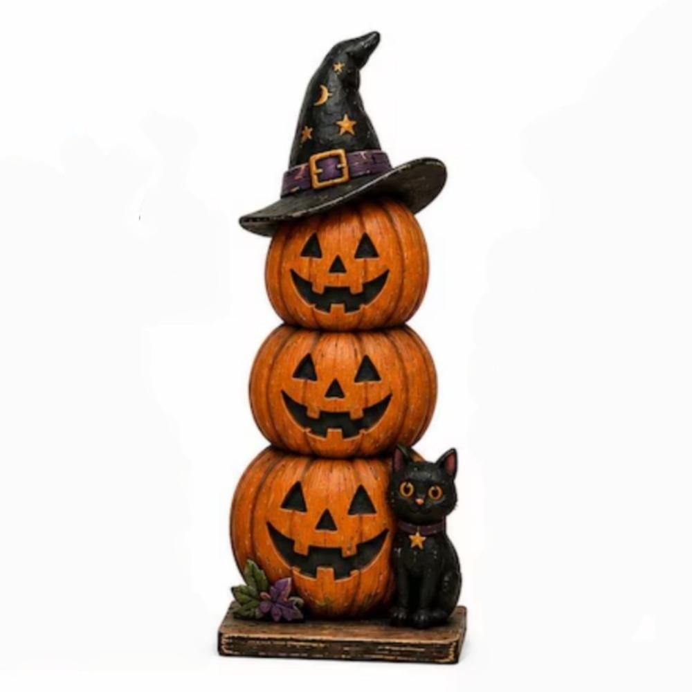 Spooky Wood Haunted House Statue Vintage Stacked Pumpkin Cart Ornament Shelf Decor
