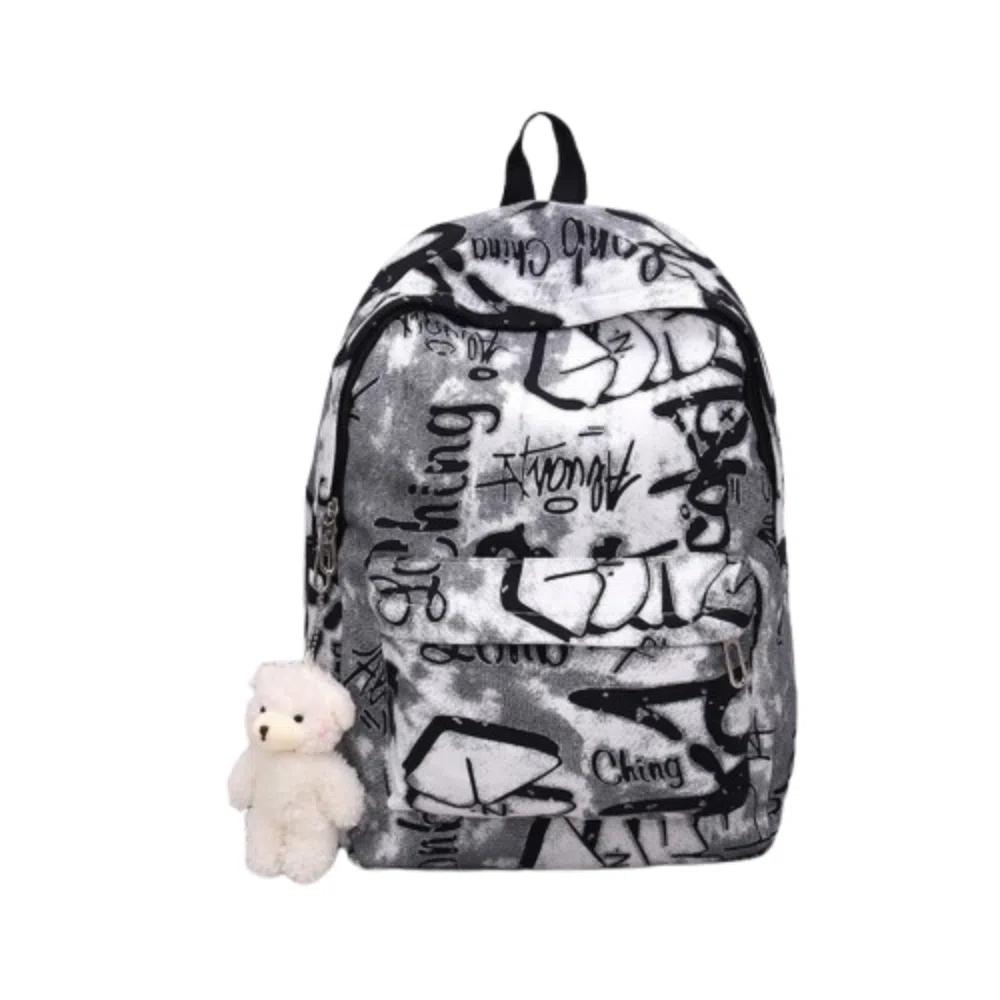 

Рюкзак для студентів з великою місткістю, графіті, модні шкільні сумки для дівчинки, для підлітків grey with pendant
