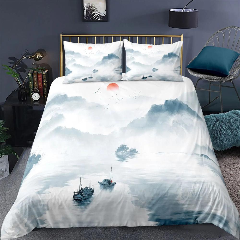 

Nature Landscape Duvet Cover King_Queen Size,Chinese Ink Painting Style Bedding Set Mountain River 2_3pcs Polyester Quilt Cover EU Twin 135x200cm