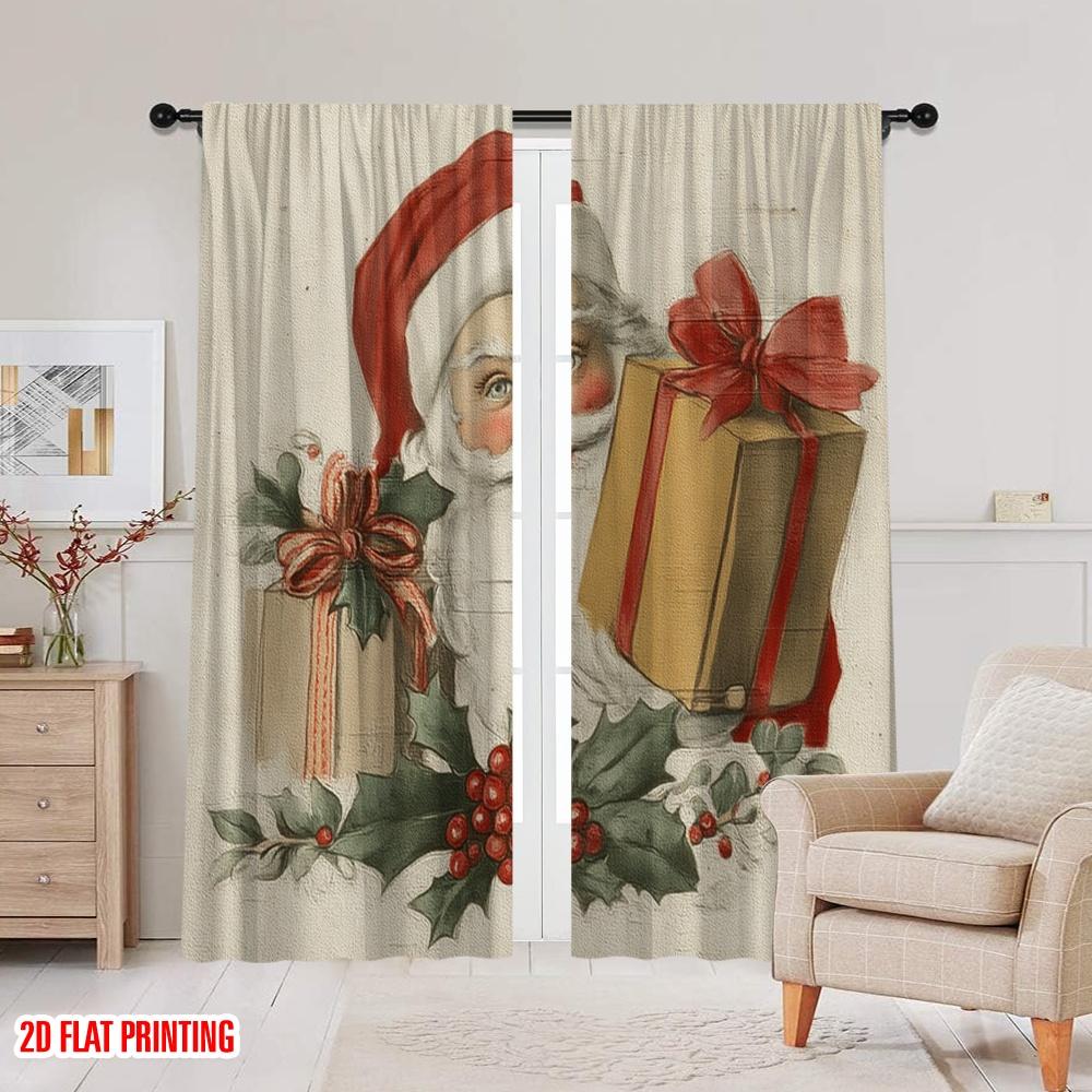 2pcs,2D Plane Printing Contemporary Curtains Vintage Santa Claus Polyester Fabric (without Rod) Outdoor Decorations for Bedroom,