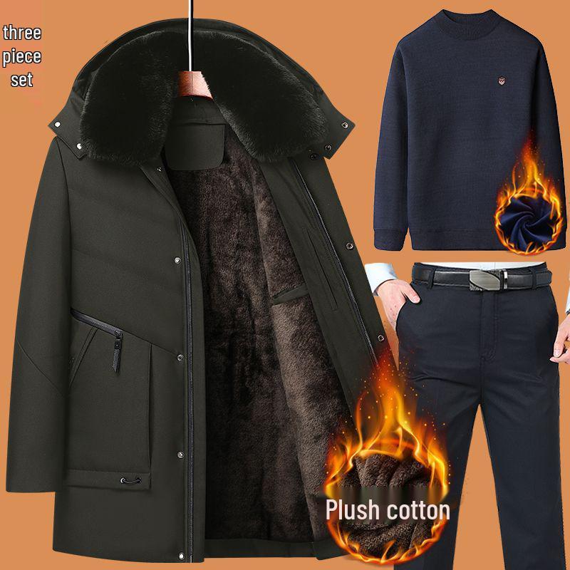 Dad's Winter Outfit: Velvet Thickened Cotton Jacket for Middle-Aged Men, Warm Mid-Length Padded Jacket for 50+