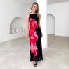 Spring and Summer New Women's Clothing Slim-fitting Suspender Contrasting Color Flower Print Dress Long Dress Women