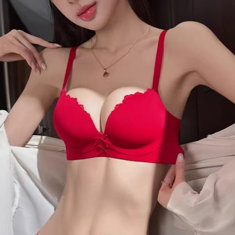 Damen Roter Push-Up-BH Mit Spitzenbesatz Und Schleifen-Detail Bequeme Dessous