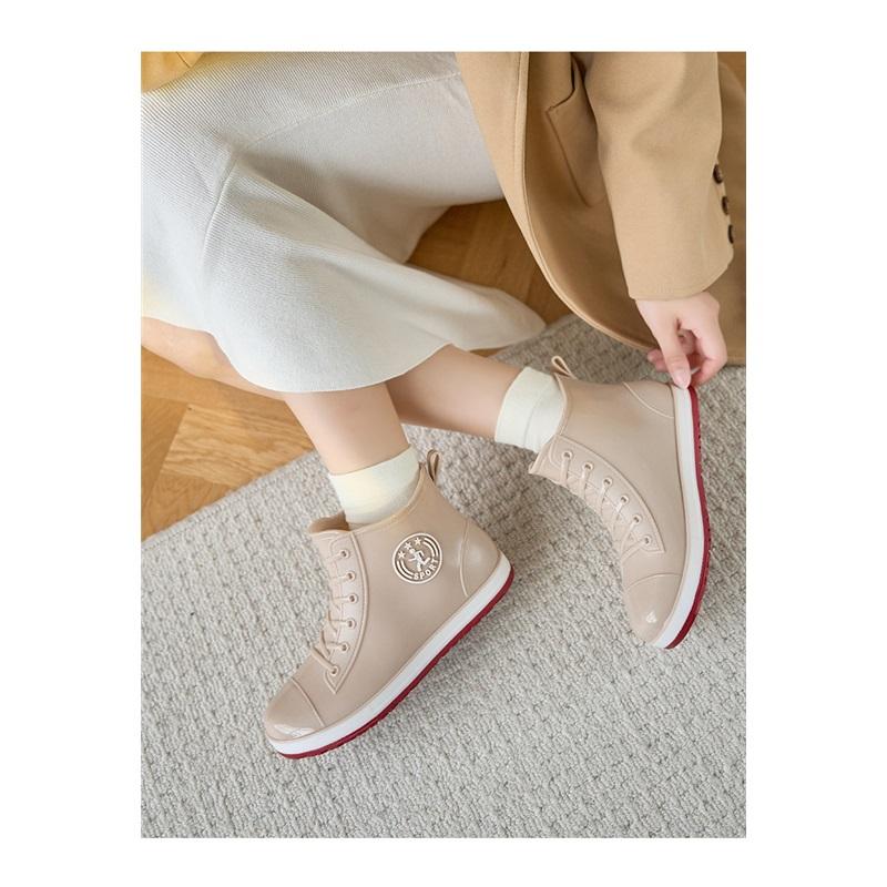 Women Ankle Rain Boots Lace Up Canvas Style Waterproof PVC Rubber Wellies Non Slip Casual Short Rain Shoes