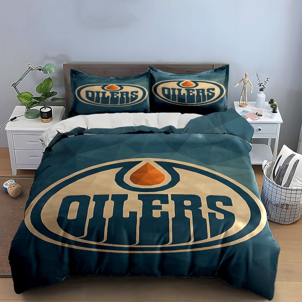 Oilers Logo On Geometric Blue Background Print Bedding Set Duvet Cover Pillowcases (1* Duvet Cover 2* Pillowcases Do Not Include Comforter)
