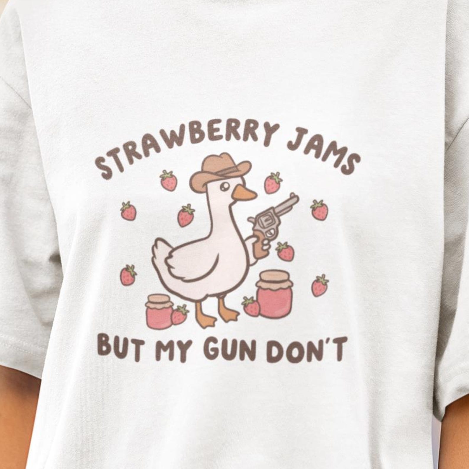 Cowboy Duck Shirt, Strawberry Jams But My Gun Don t Tee, Funny Pun Shirt, Cute Animal Meme Tshirt, Western Duck Gift for Men Women S