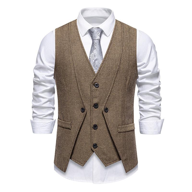 England Style Men's Suit Vests Fake Two Pieces Business Casual Waistcoats Vintage Mens Formal Dress Vest