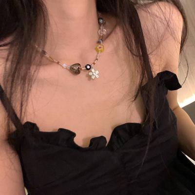 Vintage Multi-Element Crystal Flower Necklace Women'S Light Luxury Niche High-End Sweater Chain Color Beaded Accessories