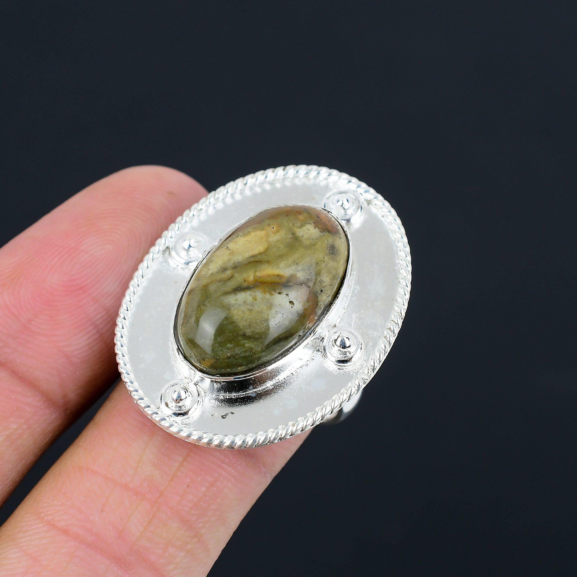Friendship Day Deal Oval Polychrome Jasper Stone 925 Silver New Statement Ring 9
