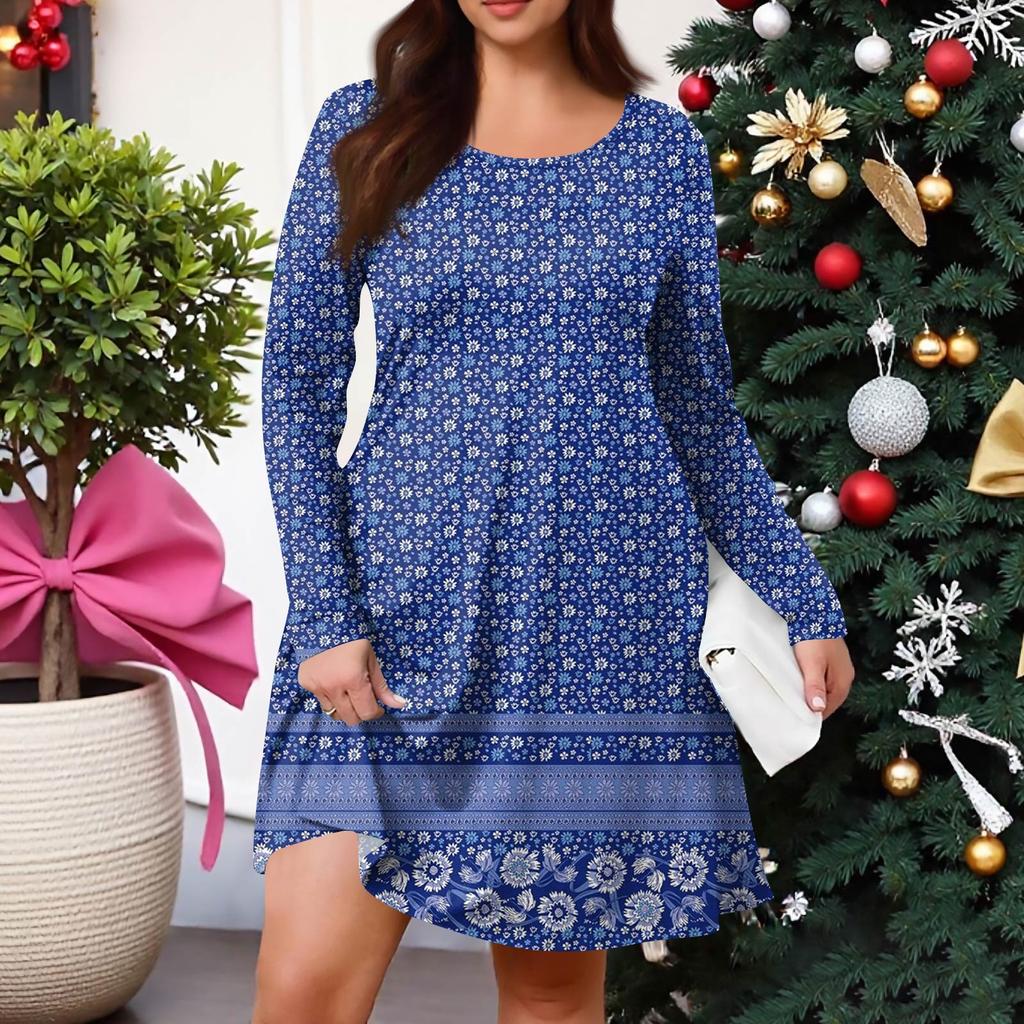 Plus Size Dame Gradienttrykk Casual Vår/Høst Lomme Rund Hals Langermet Kjole