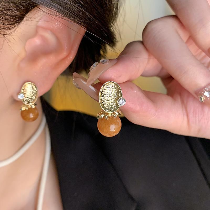 Trendy Retro Amber & Tiger Eye Stone Earrings for Women