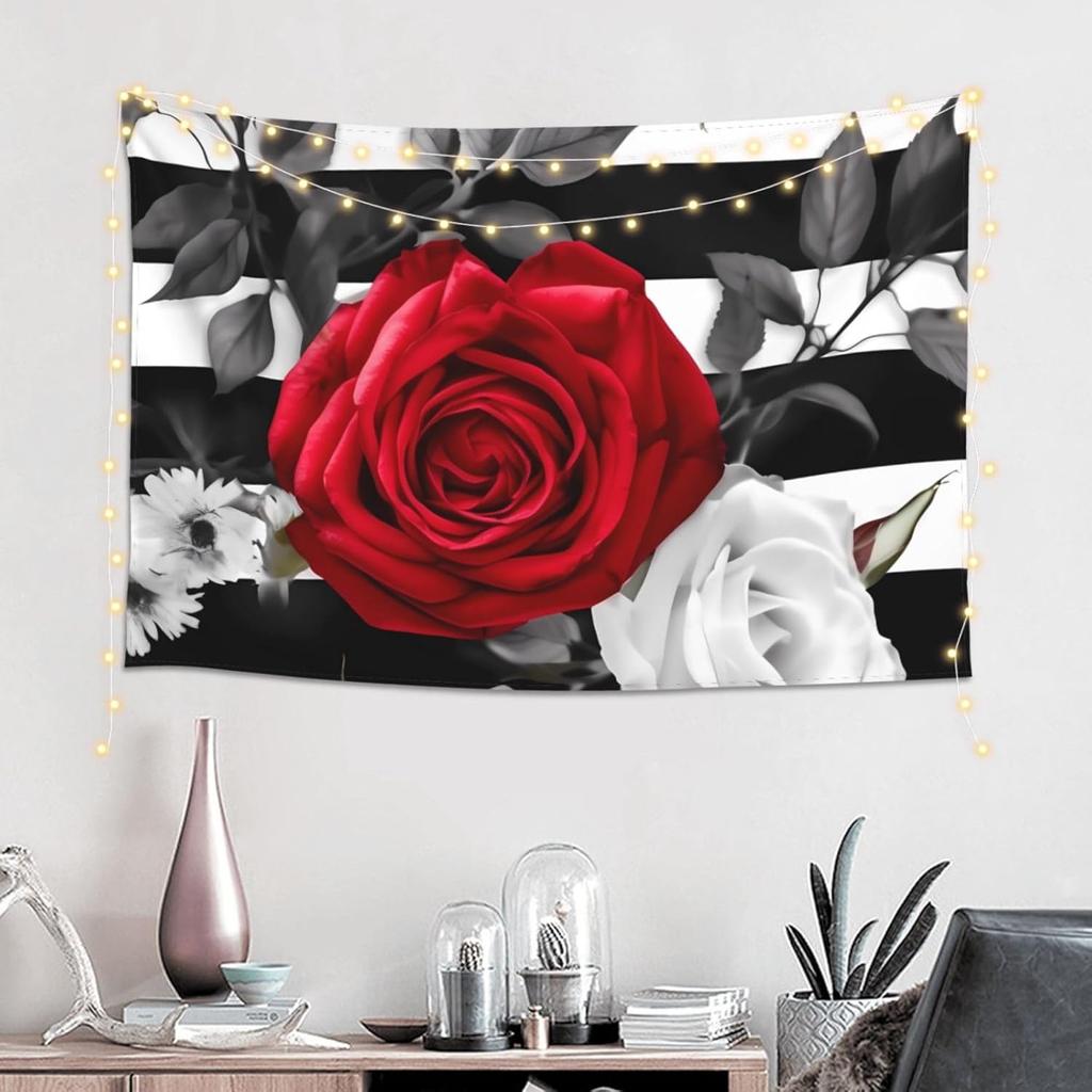 Black White Stripes Red Rose Flowers Tapestry Wall Hanging Poster For Bedroom Aesthetic Wall Tapestries Banner Modern Wall Art