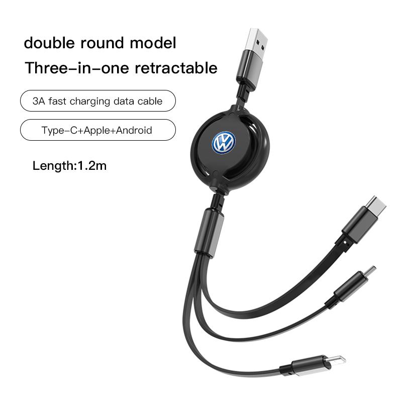 Valve Stems Caps 3 In 1 Retractable Data Cable USB Car Charger Head Auto Accessories For Volkswagen VW RLine R Golf Amarok T5 Ti QF3