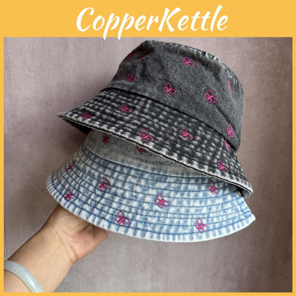 Summer Sun Shade Bucket Hat With Cotton Denim Material And Embroidered Cartoon For Women