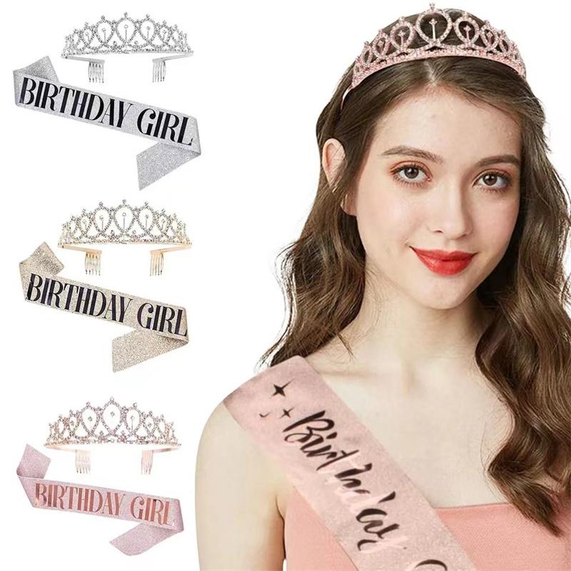Birthday Queen Sash & Rhinestone Tiara Set for Women Rhinestone Queen Tiara for Girl Glitter Crystal Hair Accessories