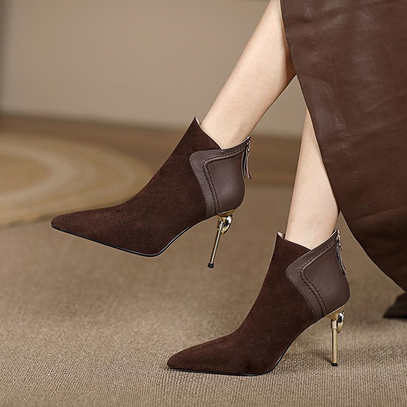 Pointed Short Boots Women's Thin Heel Autumn and Winter Temperament High Heel Short Women's Boots Frosted Leather Splicing Bare Boots