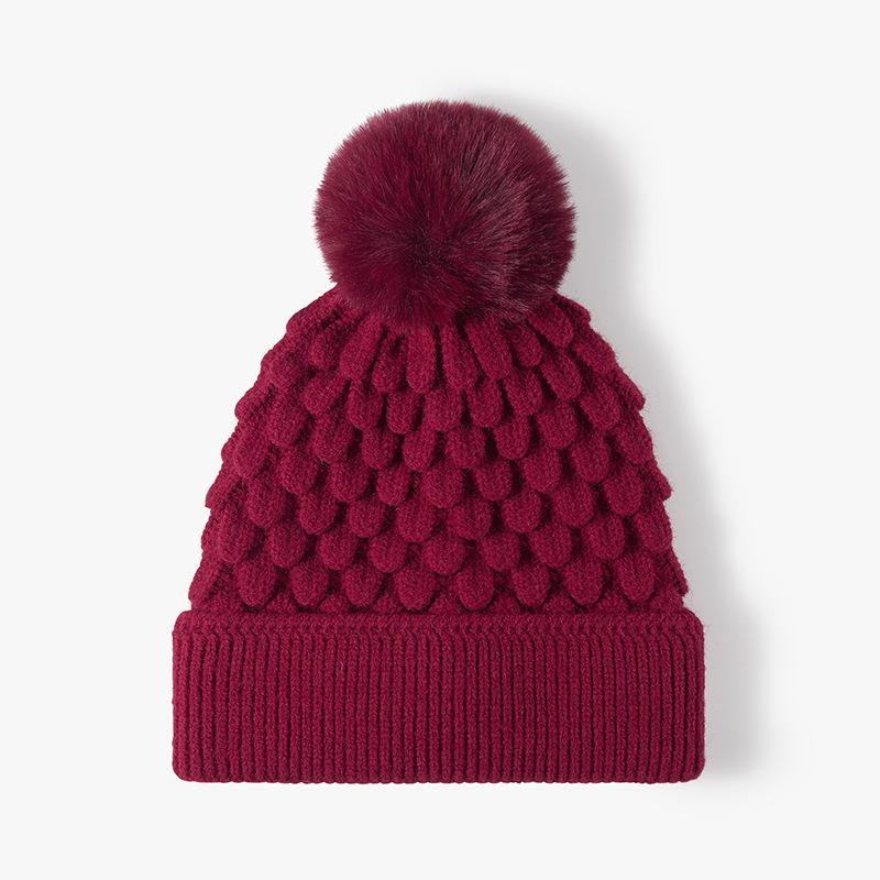 Autumn Winter Women's Outdoor Warm Thick Cold Hat with Wool Ball Brimless Velvet Knitted Yarn Hat