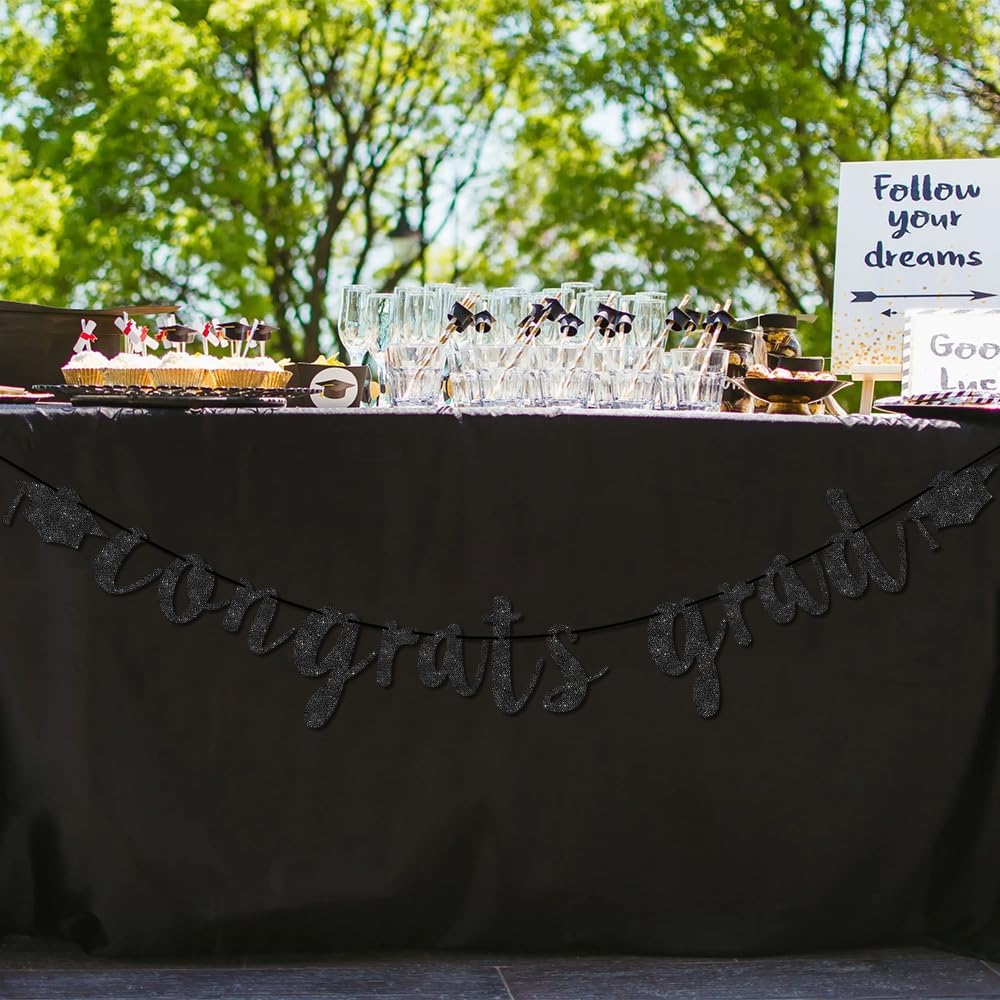 Congratulations Graduation Decorations Class of 2025, Pre-strung Black Glitter Congrats Grad Banner, Grad Party Senior College High School Classroom