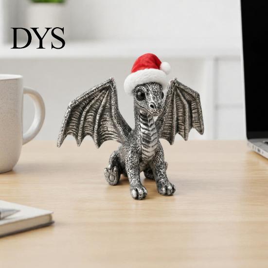 Detailed Dragon Ornament Santa Hat Figurine Ornament, Retro Resin Christmas Ornaments Decoration, Distressed Statue for Desktop Tree Decor Fantasy