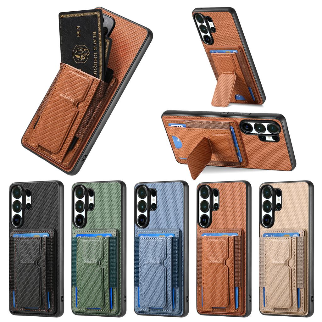 Luxury Carbon Fiber Pattern Vertical Card Solt Holder Wallet Leather Case For Samsung S25 Ultra S24 Plus S23 A17 A07 Stand Cover