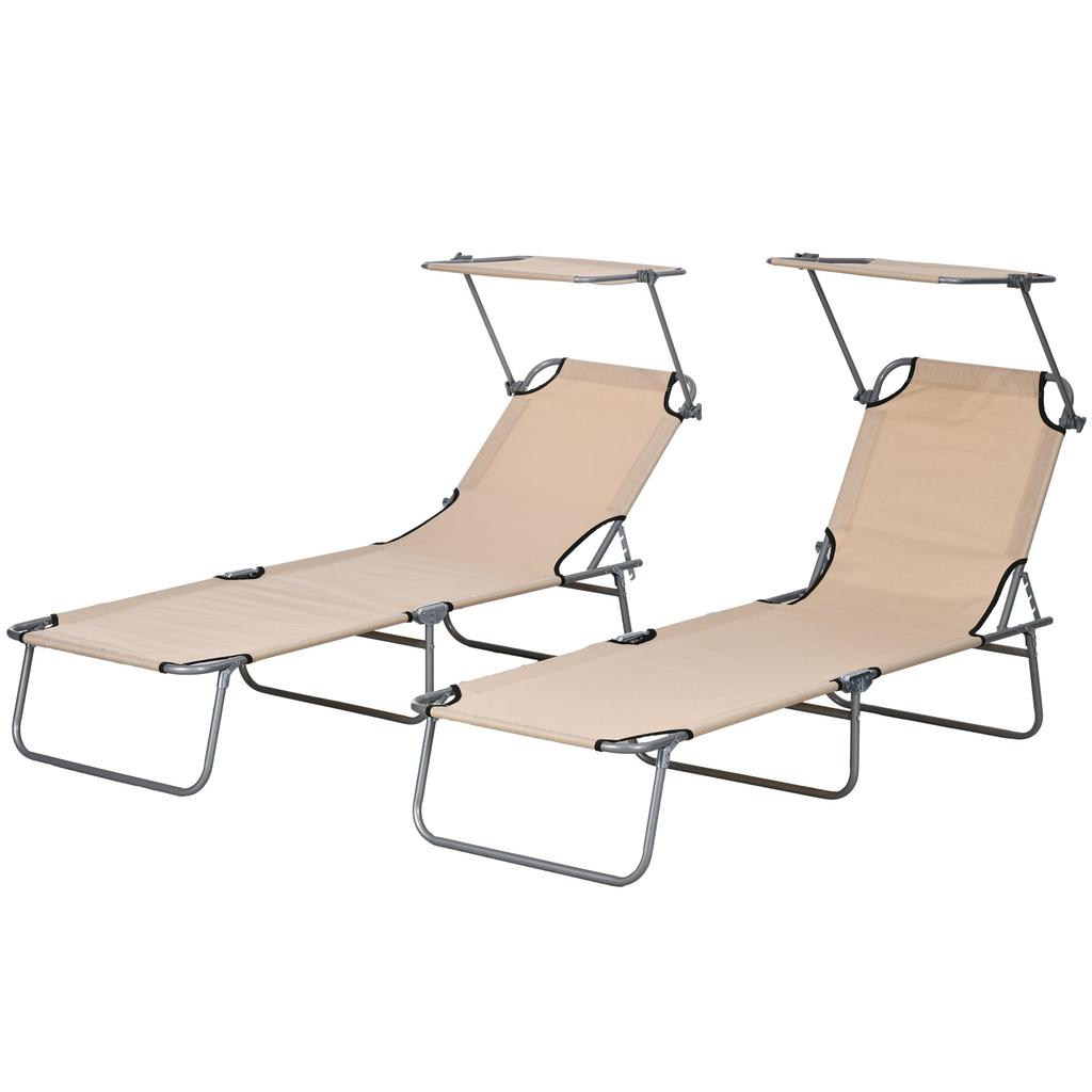 Folding Sun Lounger Set of 2 with Canopy, Reclining Sunbed with 4-Position Adjustable Backrest, 600D Oxford Cloth