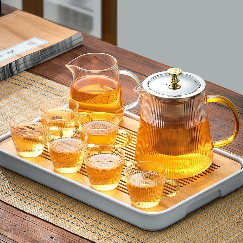 GIANXl Vertical Grain Teapot Transparent High Borosilicate Glass Tea Pot Set Heat Resistant Flower Tea Puer Tea Cold Kettle