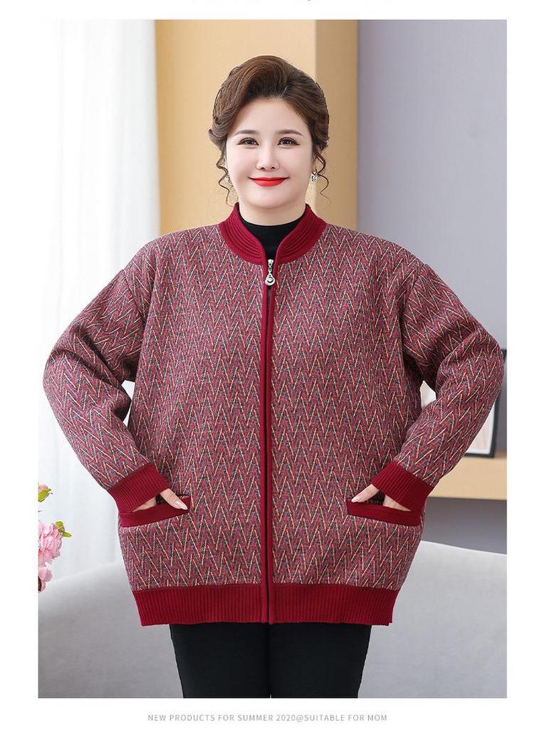 Fat Mama Plus Size Fleece-Lined Cardigan: Warm Autumn Winter Sweater for Middle-Aged & Elderly Women