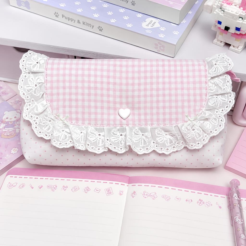 1pc Pink Plaid Lace Storage Pouch, Multi-Functional Organizer with Flap Closure,Ideal for School, Office Organization, Travel