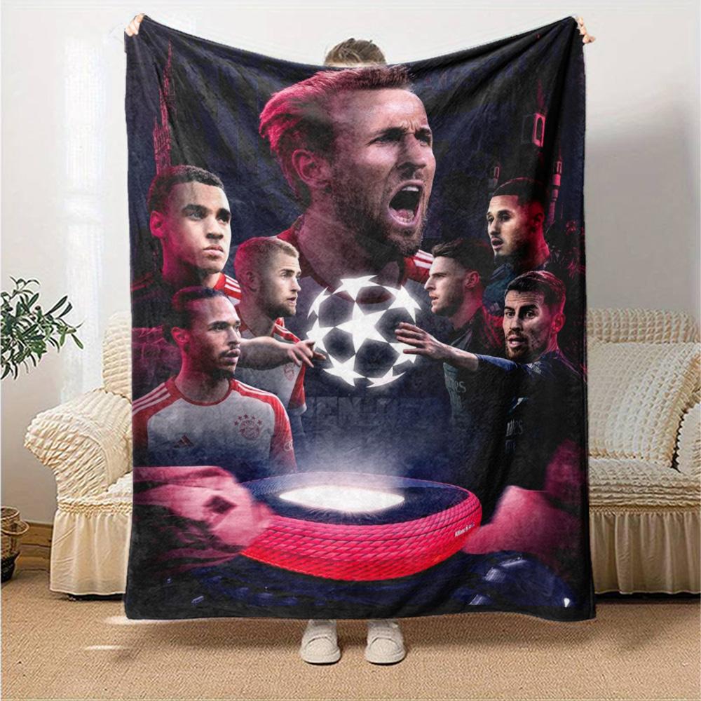 Football Team Star Player Collage Champions League Print Flannel Blanket Dark Background Soft Throw Blanket Soccer Fan Man Cave Decor