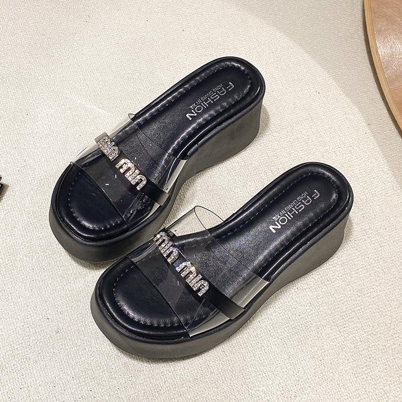 

High-heeled height-increasing slippers for women s outer wear 2025 summer new summer muffin sandals small thick-soled cool slippers 40 чорний