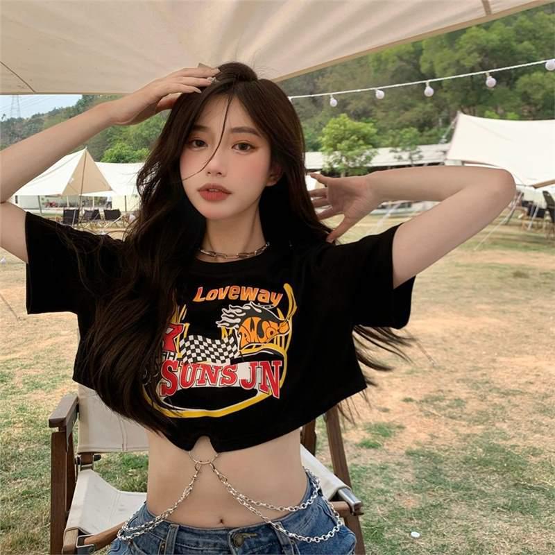 

2024 Trendy Black Chain Design Navel-Baring T-Shirt for Women M чёрный