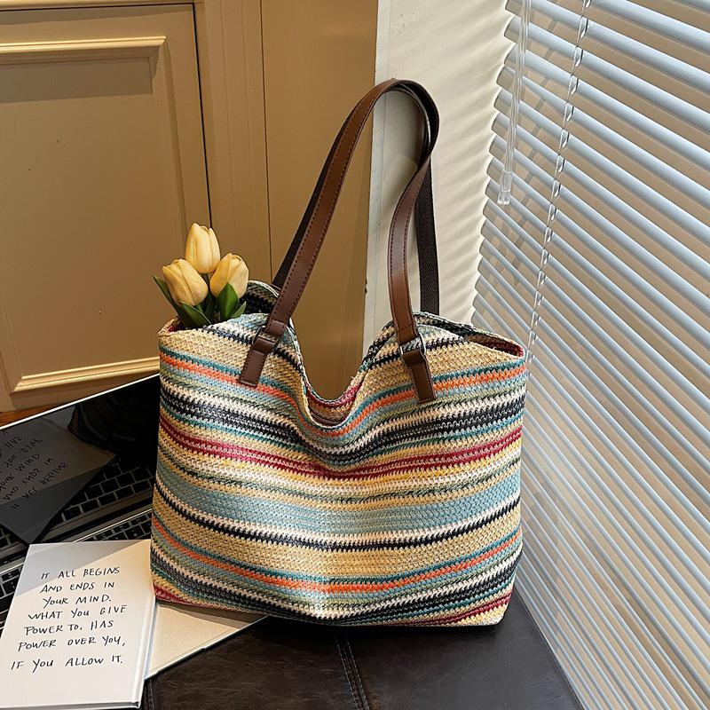 Women's Color Block Rainbow Tote Bag - Summer 2026, Large Capacity Woven Shoulder Bag